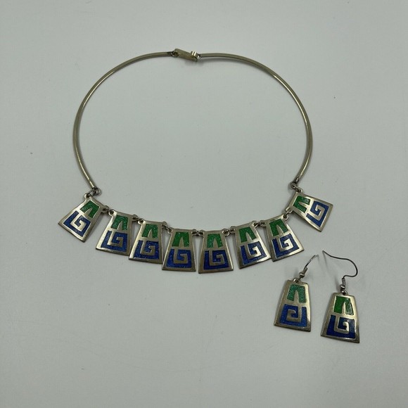 Rare Sodalite And Turquoise Alpaca Metal Necklace And Earrings Fabulous Vintage - Picture 1 of 5